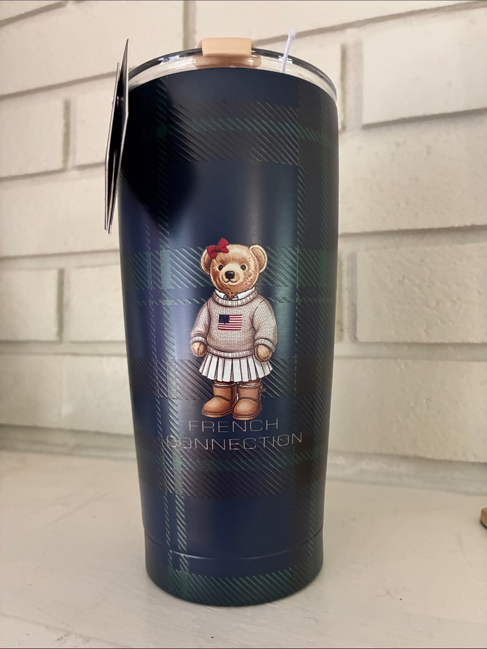 French Connection Navy Green Plaid Tumbler - 20oz MSRP $55